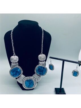 Silver-Tone Blue Statement Necklace & Earring Set FINAL PRICE DROP